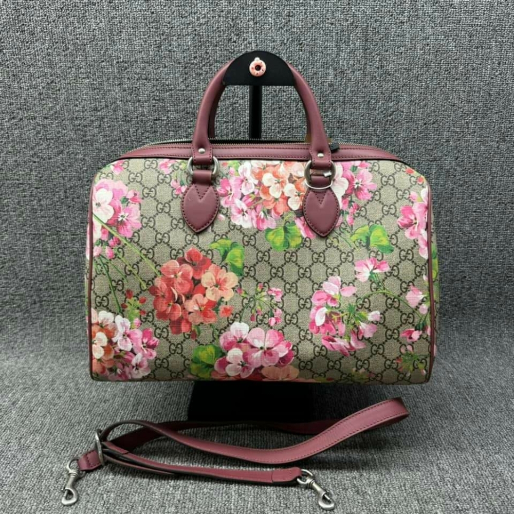 100% Authentic GUCCI Boston Blooms Brown&Purple Canvas Satchel - Picture 1 of 16
